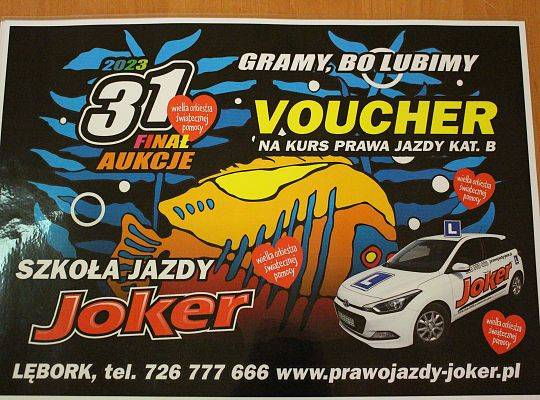 Grafika 4. Voucher na kurs prawa jazdy przekazany przez Szkołę Jazdy Joker z Lęborka.